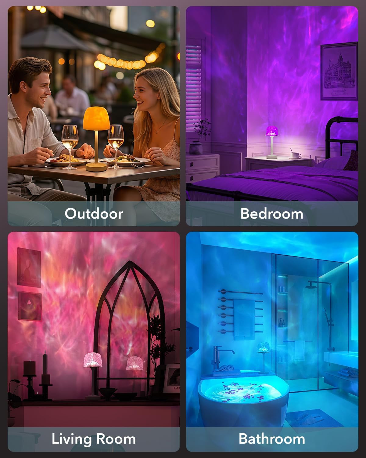 IP65 Waterproof Shower Lamp for inside Shower, Outdoor Patio Cordless Rechargeable Table Lamp, RGB Ocean Wave Projector, Battery Operated Small Touch Lamps for Kitchen Counter Nightstand Desk Bathroom