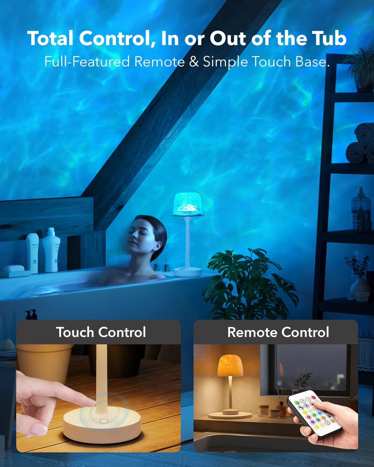 IP65 Waterproof Shower Lamp for inside Shower, Outdoor Patio Cordless Rechargeable Table Lamp, RGB Ocean Wave Projector, Battery Operated Small Touch Lamps for Kitchen Counter Nightstand Desk Bathroom